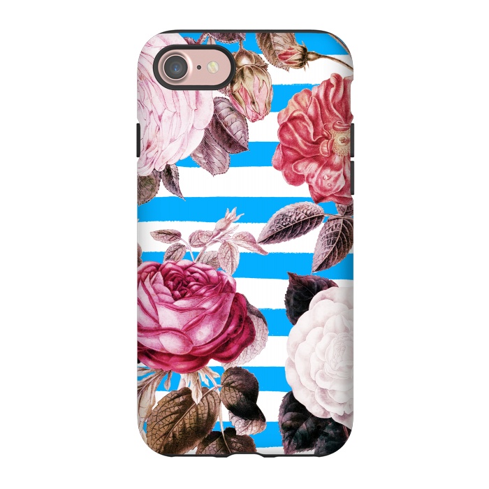 iPhone 7 StrongFit Vintage roses illustration on blue and white stripes by Oana 