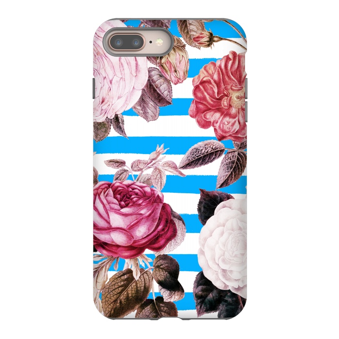 iPhone 7 plus StrongFit Vintage roses illustration on blue and white stripes by Oana 