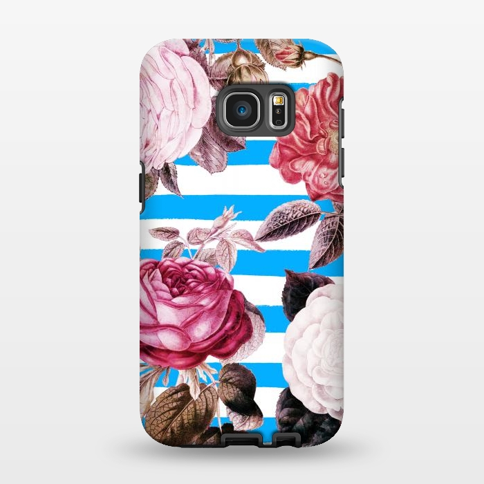 Galaxy S7 EDGE StrongFit Vintage roses illustration on blue and white stripes by Oana 