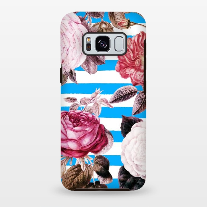 Galaxy S8 plus StrongFit Vintage roses illustration on blue and white stripes by Oana 