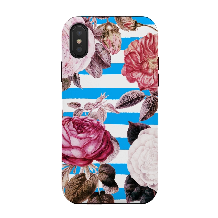 iPhone Xs / X StrongFit Vintage roses illustration on blue and white stripes by Oana 