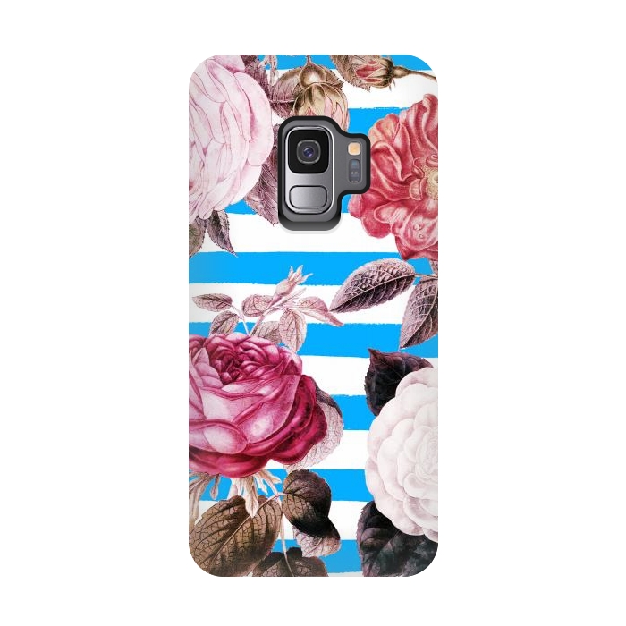 Galaxy S9 StrongFit Vintage roses illustration on blue and white stripes by Oana 