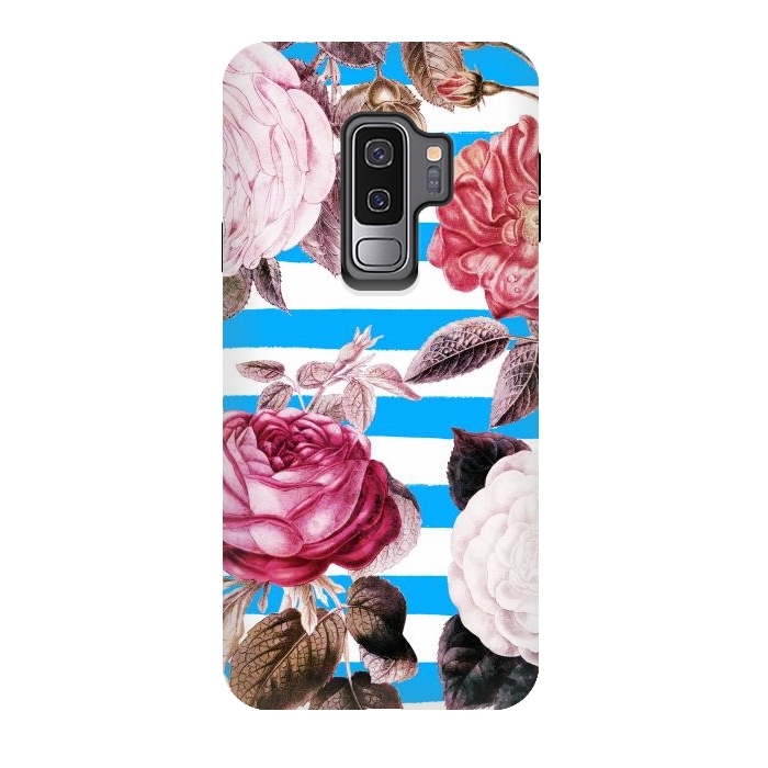 Galaxy S9 plus StrongFit Vintage roses illustration on blue and white stripes by Oana 