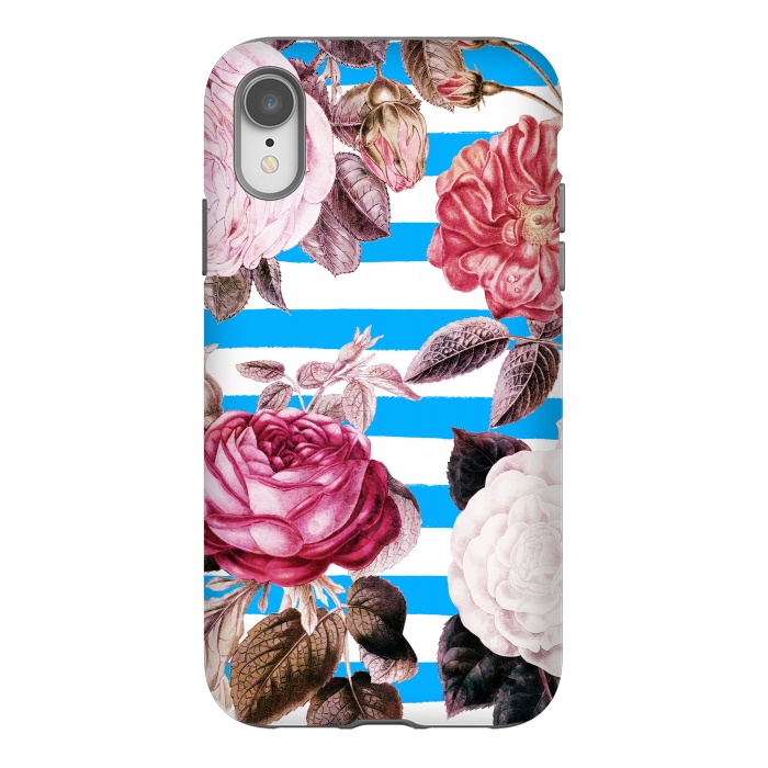 iPhone Xr StrongFit Vintage roses illustration on blue and white stripes by Oana 