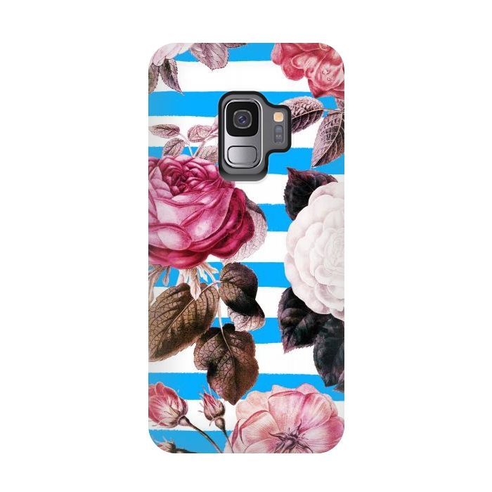 Galaxy S9 StrongFit Vintage vibrant roses on stripes by Oana 