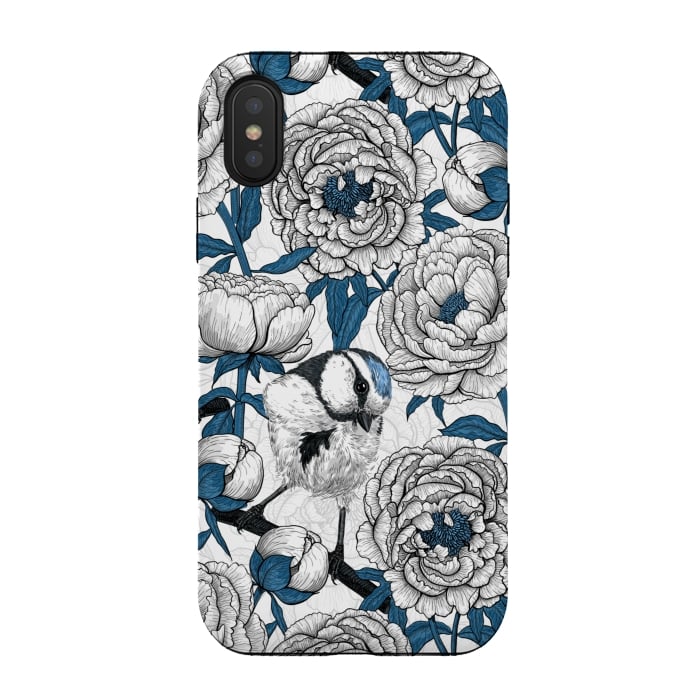 iPhone Xs / X StrongFit White peonies and blue tit birds by Katerina Kirilova