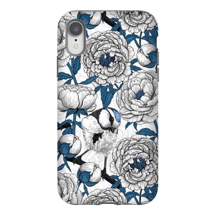 iPhone Xr StrongFit White peonies and blue tit birds by Katerina Kirilova