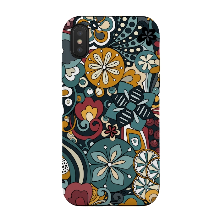 iPhone Xs / X StrongFit Retro Moody Florals in Blue, Red and Mustard by Paula Ohreen
