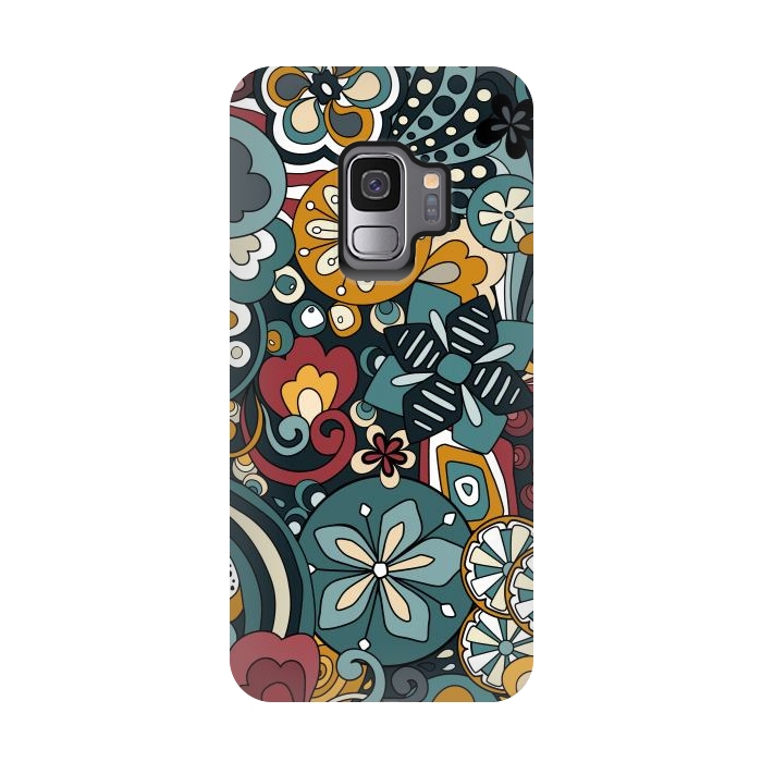 Galaxy S9 StrongFit Retro Moody Florals in Blue, Red and Mustard by Paula Ohreen