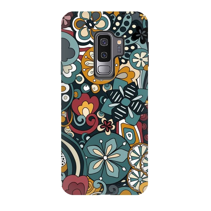 Galaxy S9 plus StrongFit Retro Moody Florals in Blue, Red and Mustard by Paula Ohreen