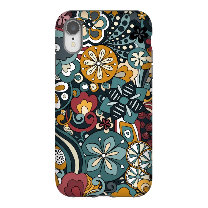 iPhone Xr StrongFit Retro Moody Florals in Blue, Red and Mustard by Paula Ohreen