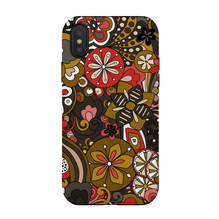 iPhone Xs / X StrongFit Retro Moody Florals in Red, Mustard and Brown by Paula Ohreen