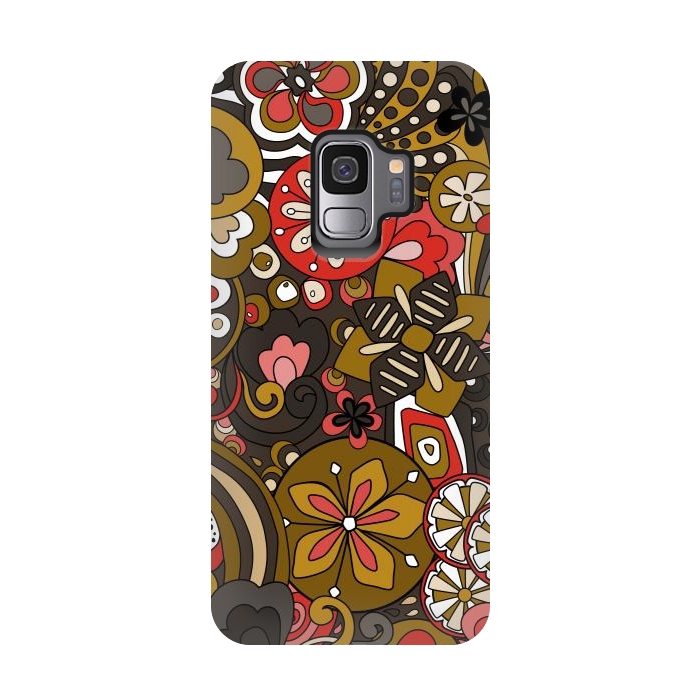 Galaxy S9 StrongFit Retro Moody Florals in Red, Mustard and Brown by Paula Ohreen