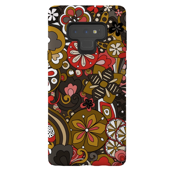 Galaxy Note 9 StrongFit Retro Moody Florals in Red, Mustard and Brown by Paula Ohreen