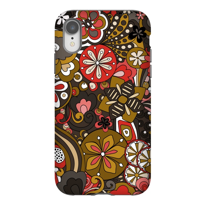 iPhone Xr StrongFit Retro Moody Florals in Red, Mustard and Brown by Paula Ohreen