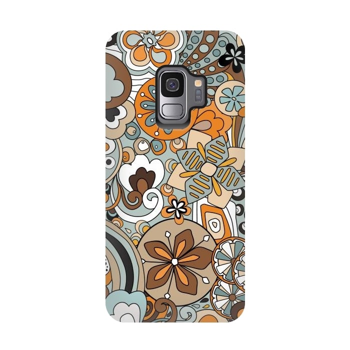 Galaxy S9 StrongFit Retro Moody Florals in Blue and Orange by Paula Ohreen