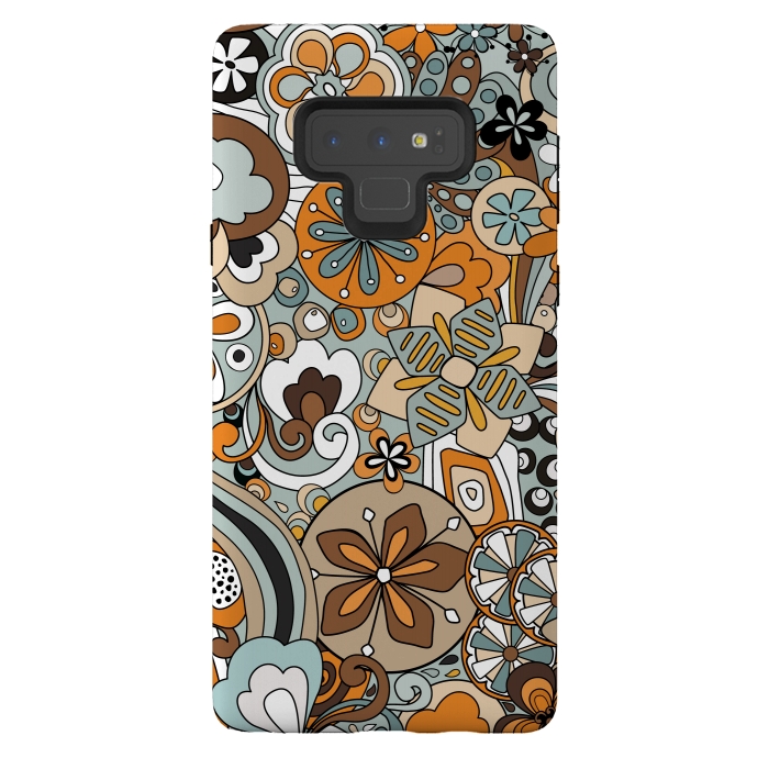 Galaxy Note 9 StrongFit Retro Moody Florals in Blue and Orange by Paula Ohreen