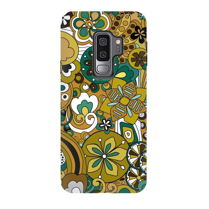 Galaxy S9 plus StrongFit Retro Moody Florals in Green and Mustard by Paula Ohreen