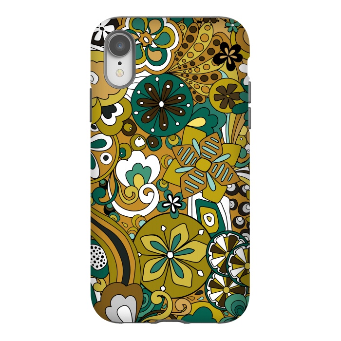iPhone Xr StrongFit Retro Moody Florals in Green and Mustard by Paula Ohreen