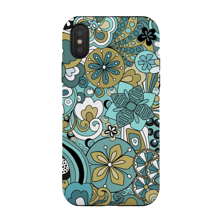 iPhone Xs / X StrongFit Retro Moody Florals in Blue and Green by Paula Ohreen