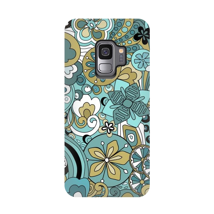 Galaxy S9 StrongFit Retro Moody Florals in Blue and Green by Paula Ohreen