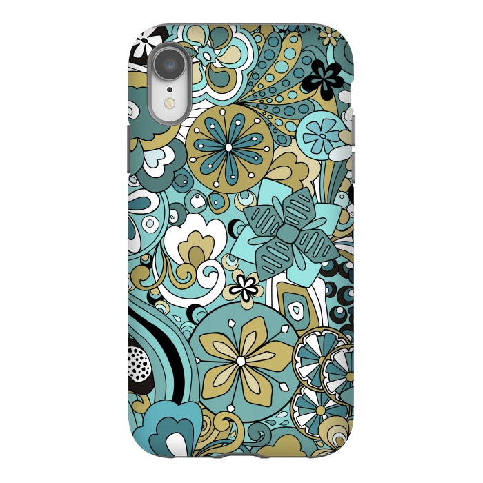 iPhone Xr StrongFit Retro Moody Florals in Blue and Green by Paula Ohreen