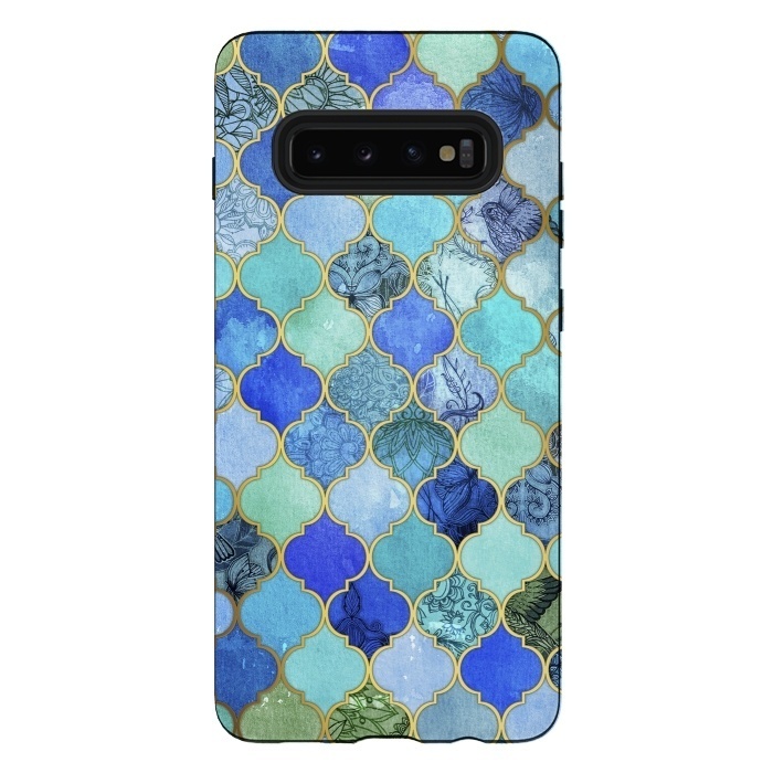 Galaxy S10 plus StrongFit Cobalt Blue Aqua and Gold Decorative Moroccan Tile Pattern by Micklyn Le Feuvre
