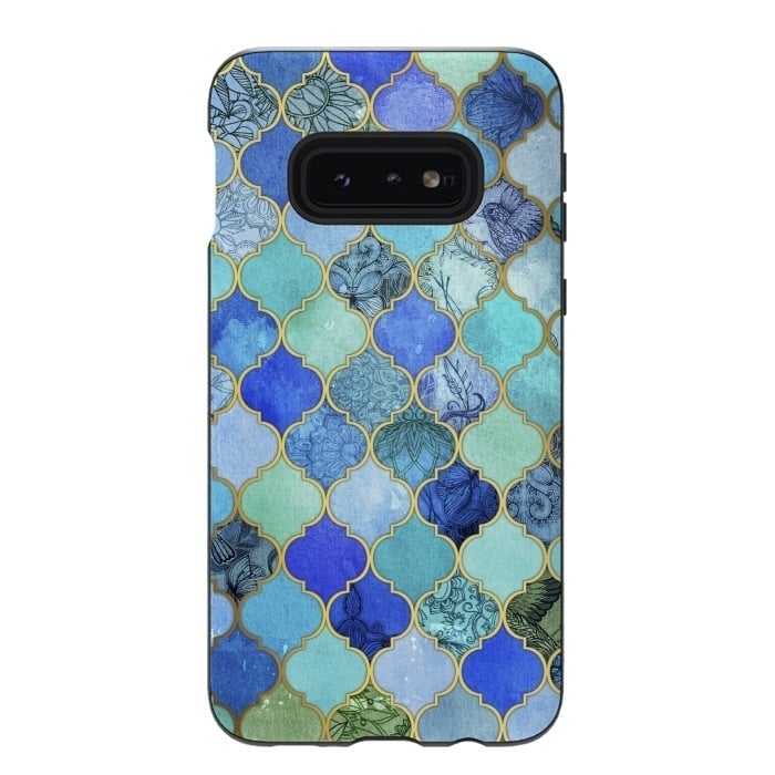 Galaxy S10e StrongFit Cobalt Blue Aqua and Gold Decorative Moroccan Tile Pattern by Micklyn Le Feuvre