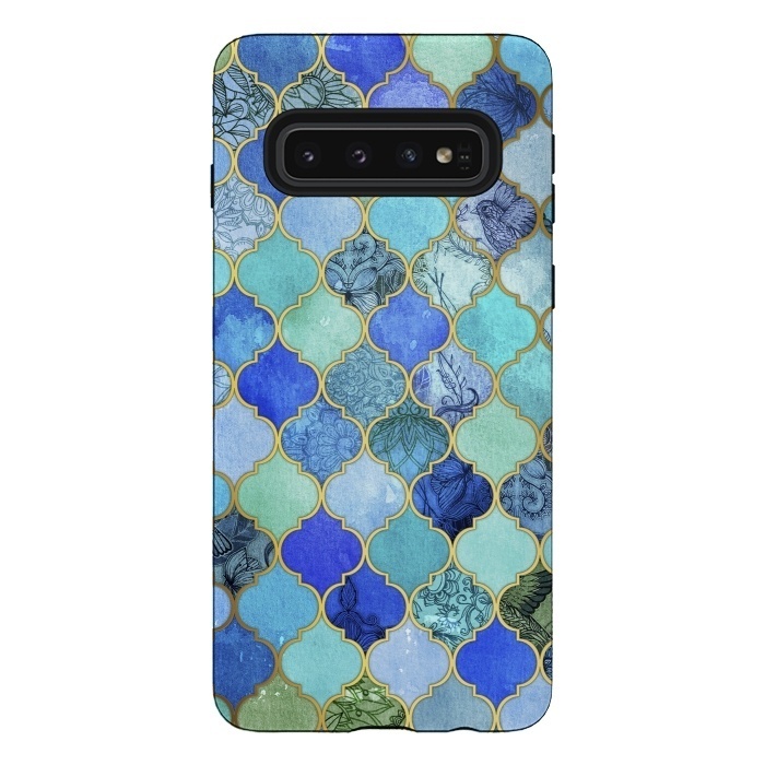 Galaxy S10 StrongFit Cobalt Blue Aqua and Gold Decorative Moroccan Tile Pattern por Micklyn Le Feuvre