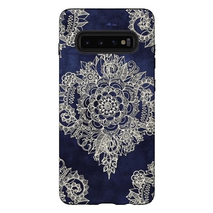 Galaxy S10 plus StrongFit Cream Floral Moroccan Pattern on Deep Indigo Ink by Micklyn Le Feuvre