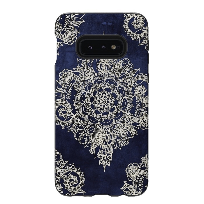 Galaxy S10e StrongFit Cream Floral Moroccan Pattern on Deep Indigo Ink by Micklyn Le Feuvre
