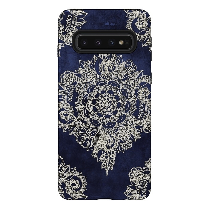 Galaxy S10 StrongFit Cream Floral Moroccan Pattern on Deep Indigo Ink by Micklyn Le Feuvre