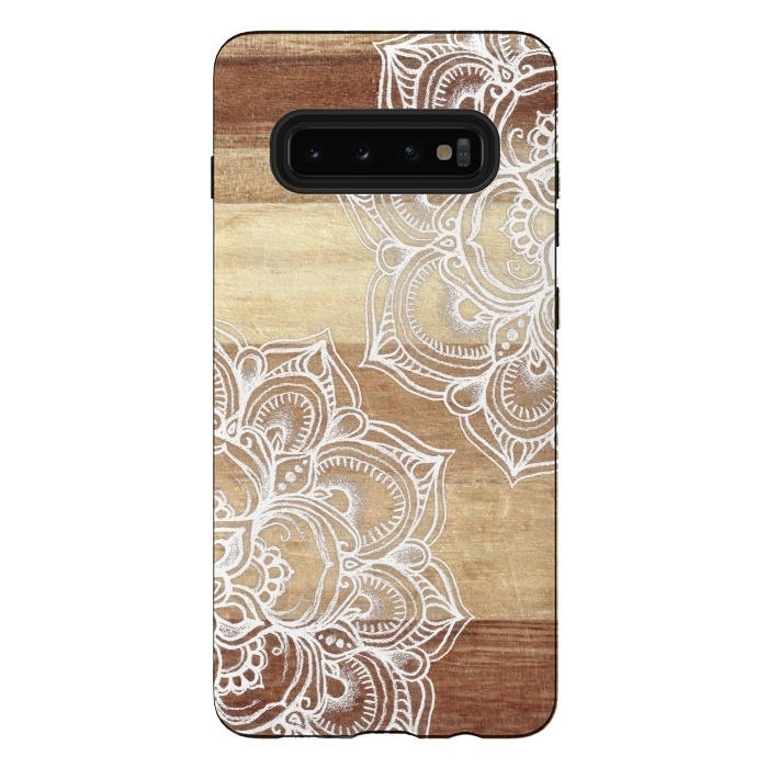 Galaxy S10 plus StrongFit White doodles on blonde wood by Micklyn Le Feuvre