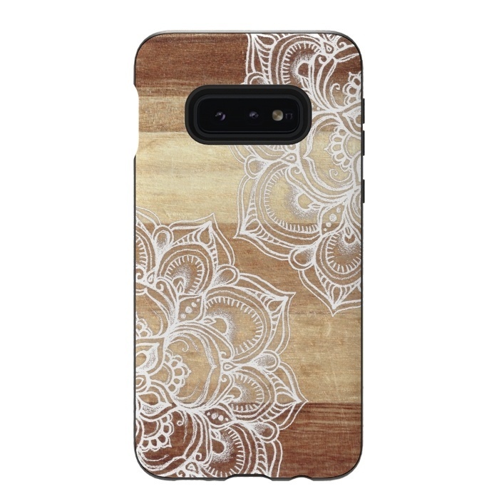 Galaxy S10e StrongFit White doodles on blonde wood by Micklyn Le Feuvre
