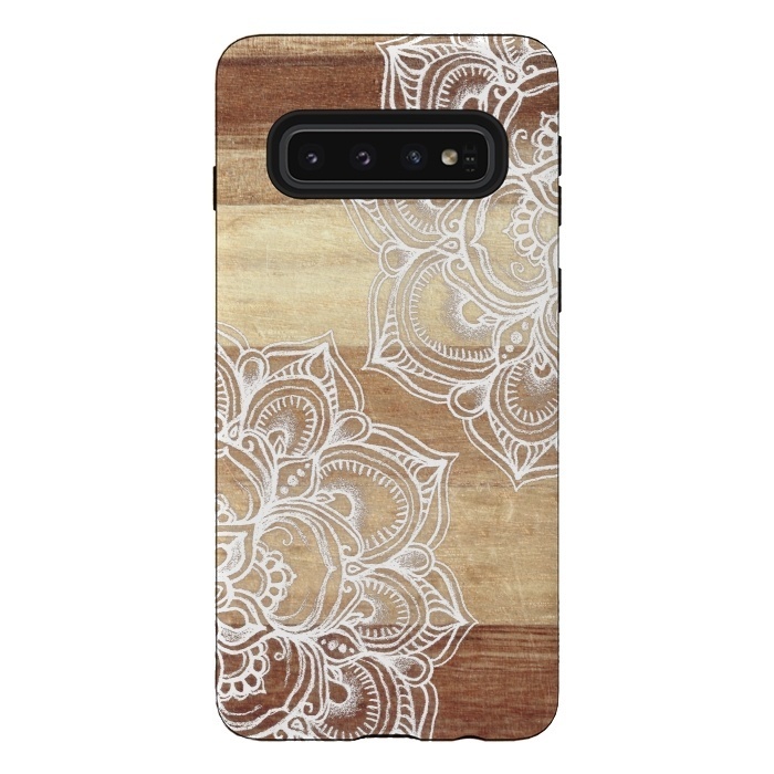 Galaxy S10 StrongFit White doodles on blonde wood by Micklyn Le Feuvre