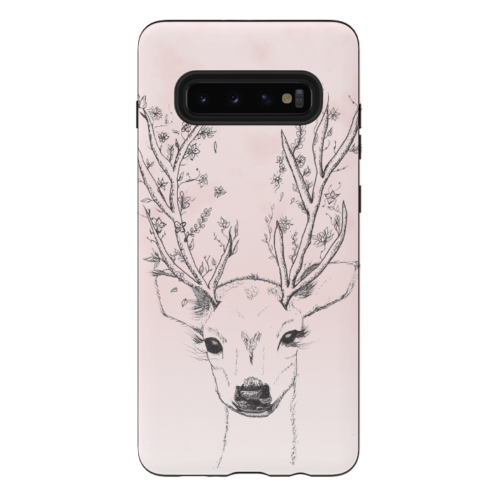 Galaxy S10 plus StrongFit Cute Handdrawn Floral Deer Antlers Pink by Girly Trend
