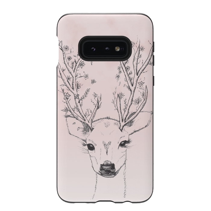 Galaxy S10e StrongFit Cute Handdrawn Floral Deer Antlers Pink by Girly Trend