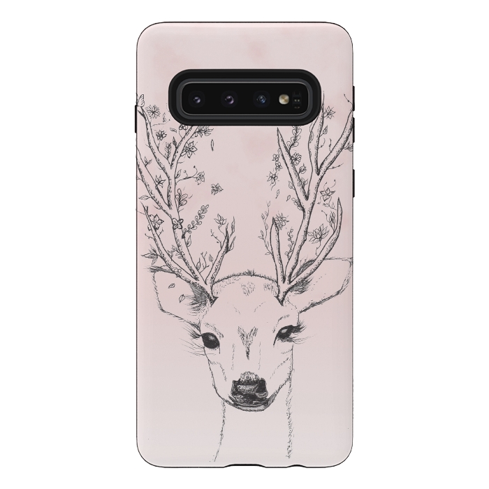 Galaxy S10 StrongFit Cute Handdrawn Floral Deer Antlers Pink by Girly Trend