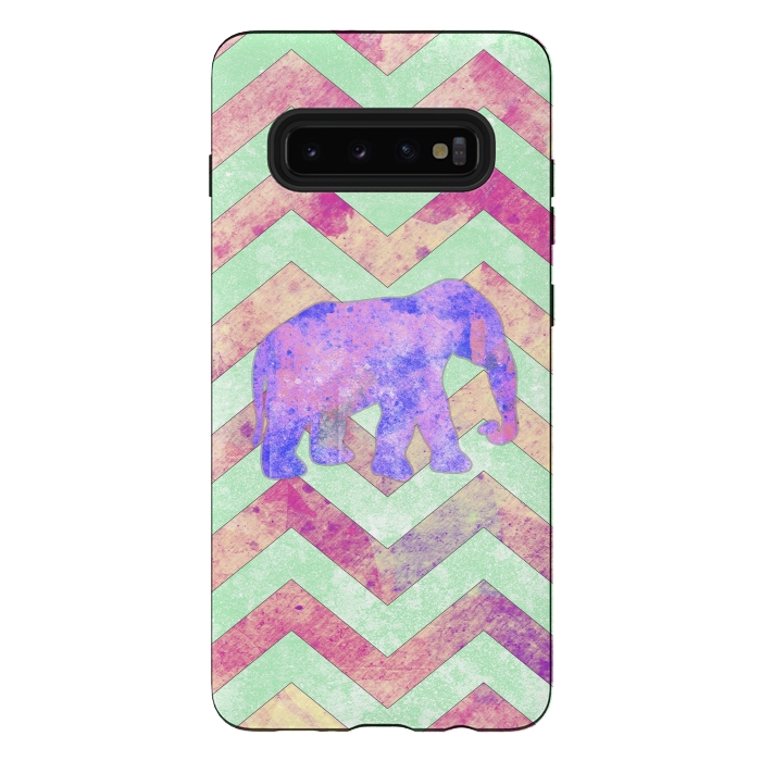 Galaxy S10 plus StrongFit Elephant Mint Green Chevron Pink Watercolor by Girly Trend