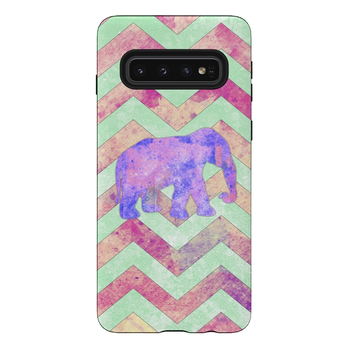 Galaxy S10 StrongFit Elephant Mint Green Chevron Pink Watercolor by Girly Trend