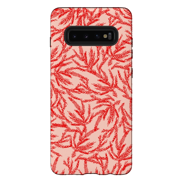 Galaxy S10 plus StrongFit Red and Pink Coral Ferns by Caitlin Workman