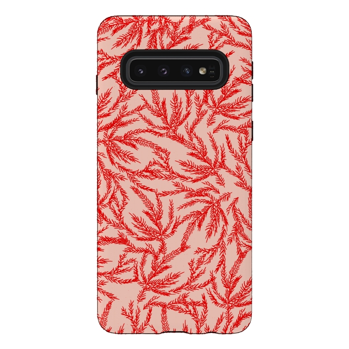 Galaxy S10 StrongFit Red and Pink Coral Ferns by Caitlin Workman