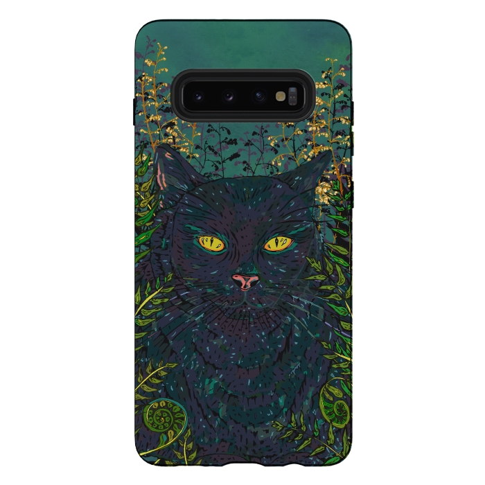 Galaxy S10 plus StrongFit Black Cat in Ferns by Lotti Brown