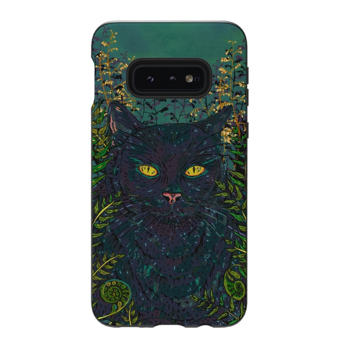 Galaxy S10e StrongFit Black Cat in Ferns by Lotti Brown