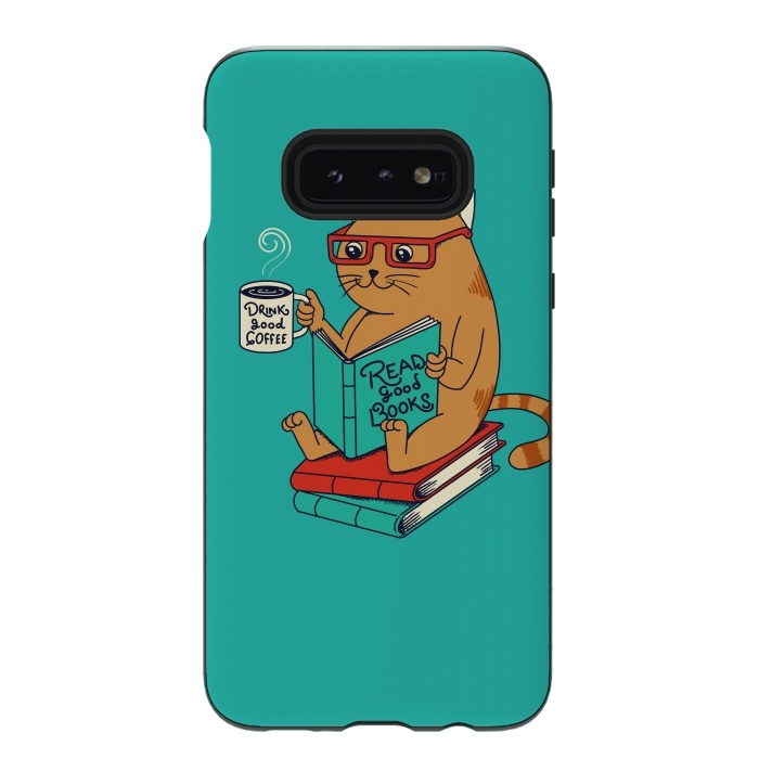 Galaxy S10e StrongFit Cat coffee and books by Coffee Man