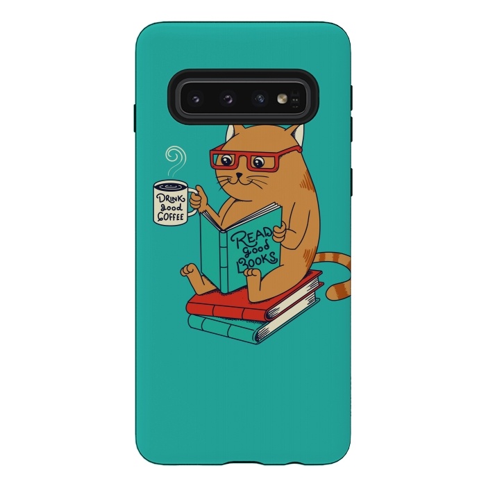 Galaxy S10 StrongFit Cat coffee and books by Coffee Man