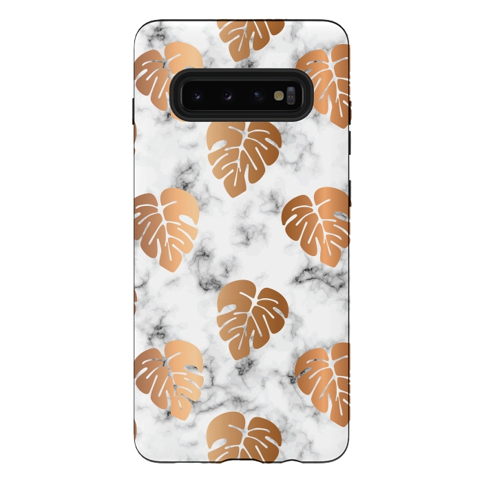 Galaxy S10 plus StrongFit Golden Monstera on Marble Pattern 048 by Jelena Obradovic
