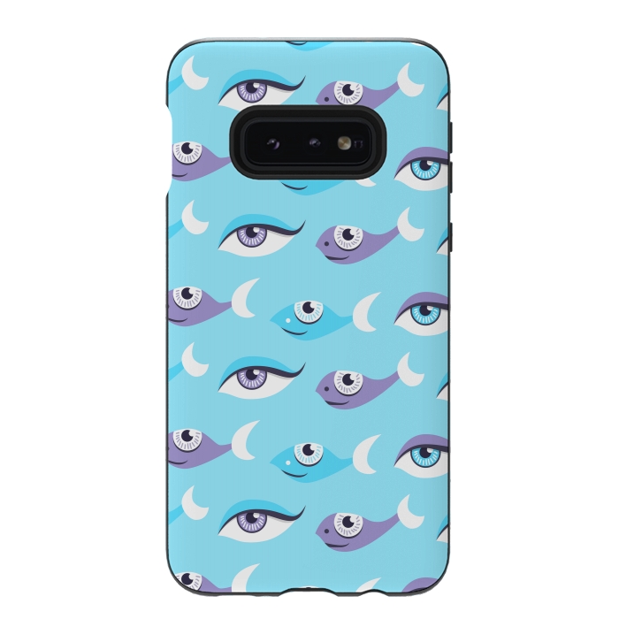 Galaxy S10e StrongFit Pattern of purple and blue eyes and fish in sea by Boriana Giormova