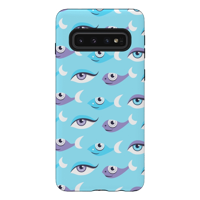 Galaxy S10 StrongFit Pattern of purple and blue eyes and fish in sea by Boriana Giormova