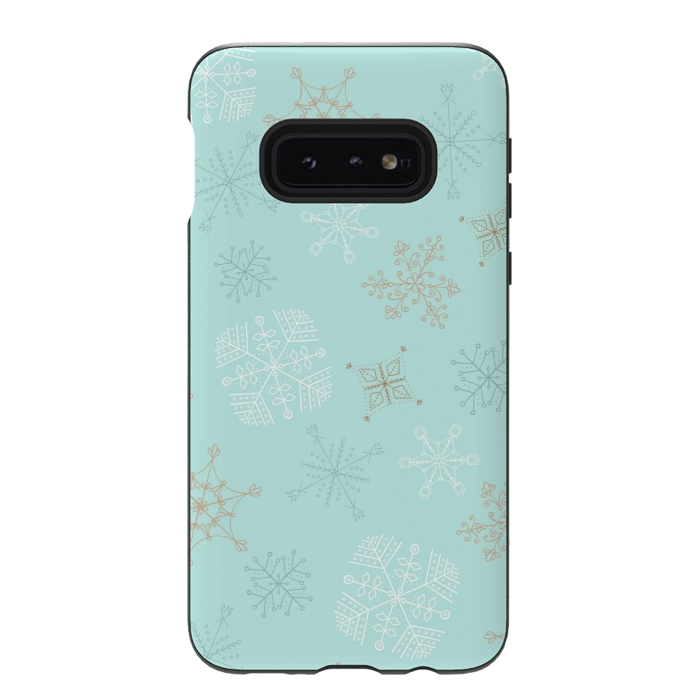 Galaxy S10e StrongFit Wintery Gold Snowflakes on Blue by Paula Ohreen